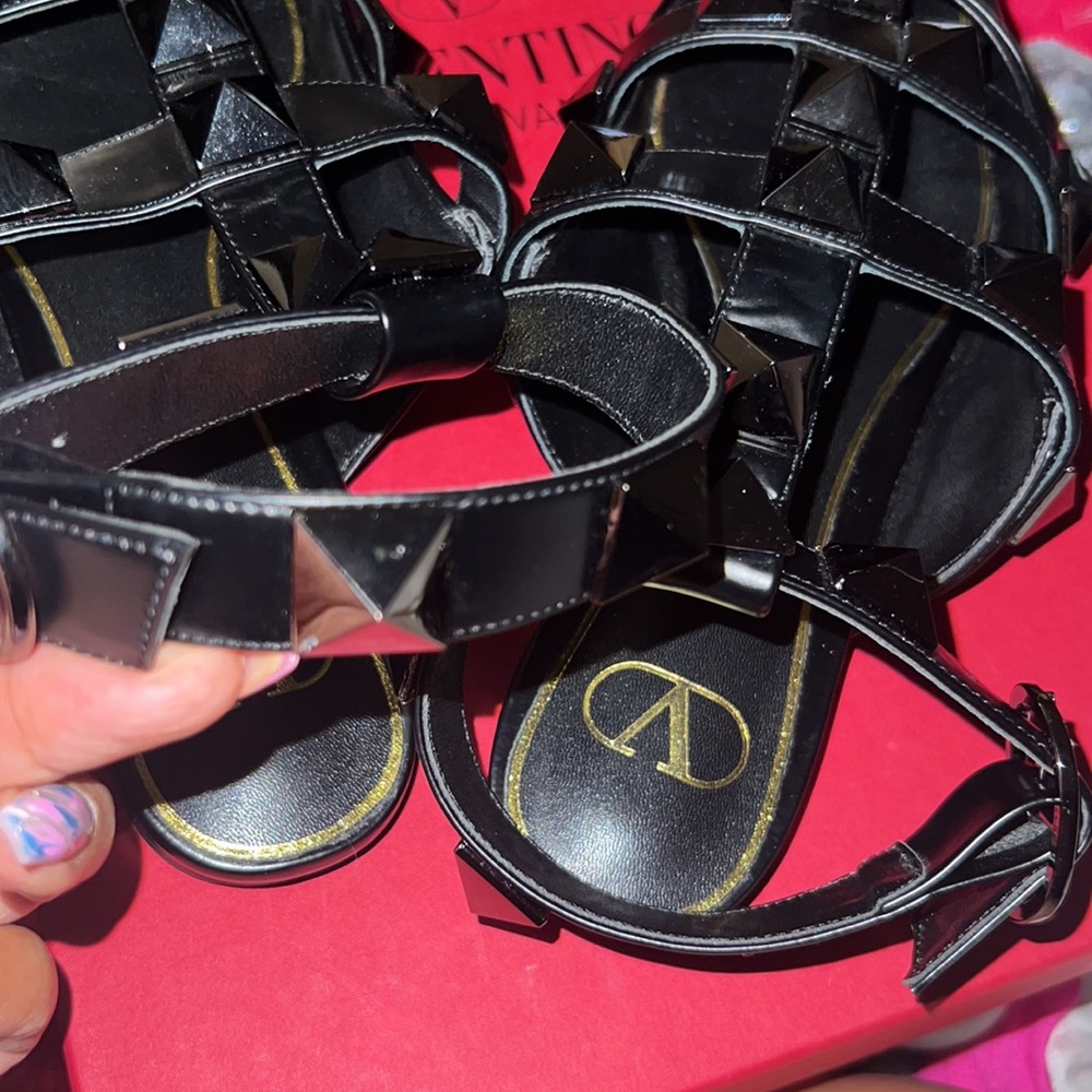 Valentino Black Leather Rockstud Ankle-Strap Pointed Flats - Picture 15 of 16